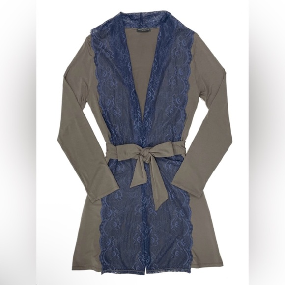 NWT Samantha Chang New York Lace Front Robe Smokey Gray w/Blue Moon Lace~Large - Picture 1 of 8